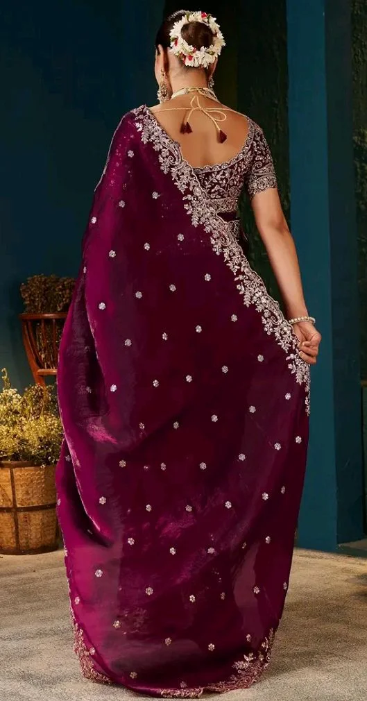 DHARMEE Women's Silk Saree with Embroidered Blouse Piece, Traditional Parte Wear with Gold Border and Hand Work Lace Embellished, Solid/Plain, Applique, Woven, Bollywood Jimmy Jimmy, Satin Saree