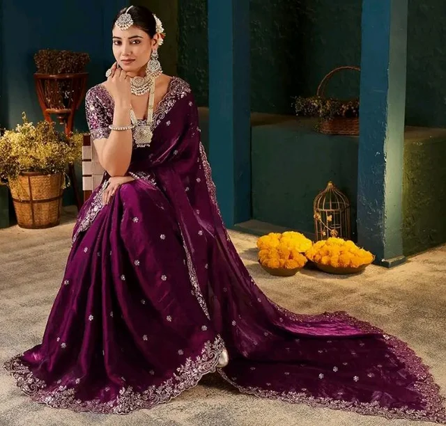 DHARMEE Women's Silk Saree with Embroidered Blouse Piece, Traditional Parte Wear with Gold Border and Hand Work Lace Embellished, Solid/Plain, Applique, Woven, Bollywood Jimmy Jimmy, Satin Saree