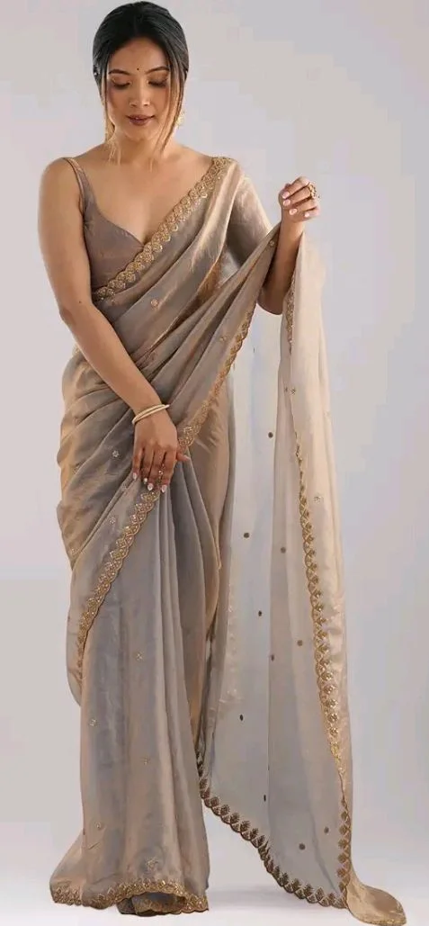 AKHILAM Women's Shimmer Tissue Embroidered Saree With Unstitched Blouse Piece