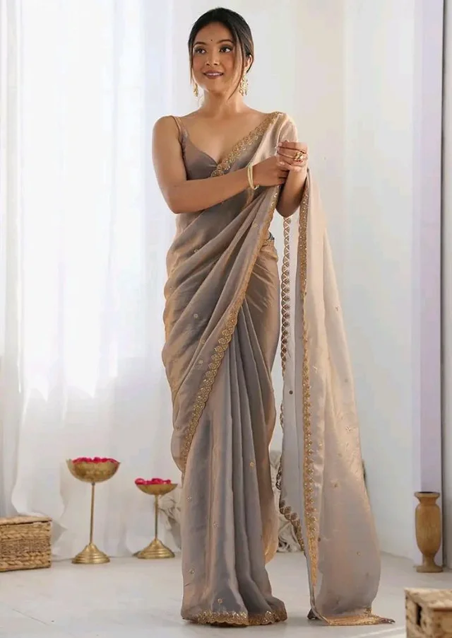 AKHILAM Women's Shimmer Tissue Embroidered Saree With Unstitched Blouse Piece