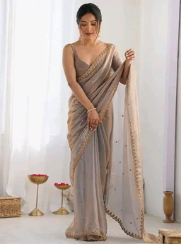 AKHILAM Women's Shimmer Tissue Embroidered Saree With Unstitched Blouse Piece