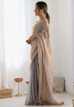 AKHILAM Women's Shimmer Tissue Embroidered Saree With Unstitched Blouse Piece