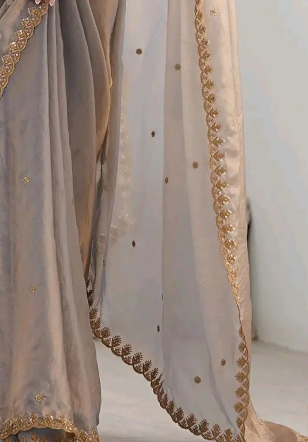 AKHILAM Women's Shimmer Tissue Embroidered Saree With Unstitched Blouse Piece