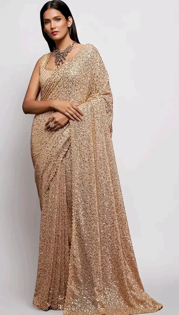 TRENDMALLS Women's Georgette Heavy Sequins Work Heavy Saree with Blouse (Latest-Sequins-Party-Saree)