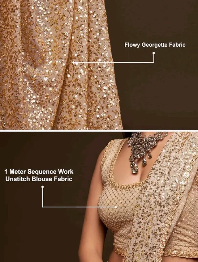 TRENDMALLS Women's Georgette Heavy Sequins Work Heavy Saree with Blouse (Latest-Sequins-Party-Saree)