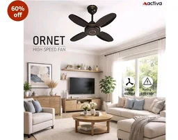 ACTIVA Ornet 600mm Ceiling Fan for Kitchen & Small Rooms | 4 Blade High Speed Fan | 850 RPM Powerful Air Delivery | Anti-Dust Coating | Energy Efficient Ceiling Fan | 2 Years Warranty | Smoke Brown