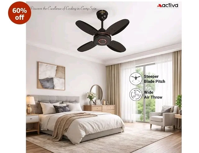ACTIVA Ornet 600mm Ceiling Fan for Kitchen & Small Rooms | 4 Blade High Speed Fan | 850 RPM Powerful Air Delivery | Anti-Dust Coating | Energy Efficient Ceiling Fan | 2 Years Warranty | Smoke Brown