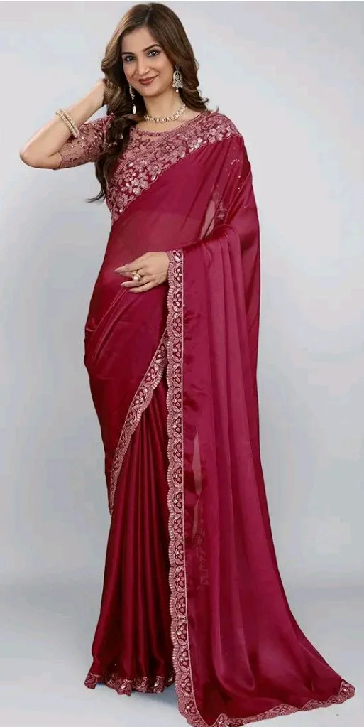 TRENDMALLS Women's Designer Rangoli Silk Embroidered Saree with Floral Cutwork Border, Sequin Work and Unstitched Blouse Piece For Women