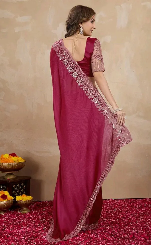 TRENDMALLS Women's Designer Rangoli Silk Embroidered Saree with Floral Cutwork Border, Sequin Work and Unstitched Blouse Piece For Women