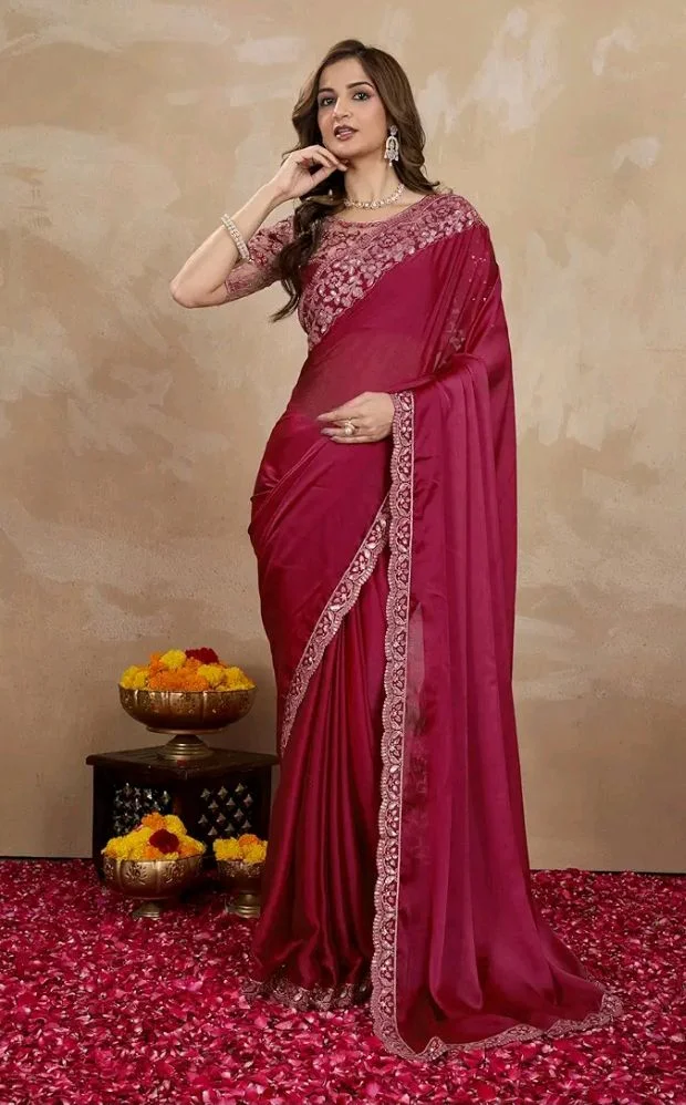TRENDMALLS Women's Designer Rangoli Silk Embroidered Saree with Floral Cutwork Border, Sequin Work and Unstitched Blouse Piece For Women
