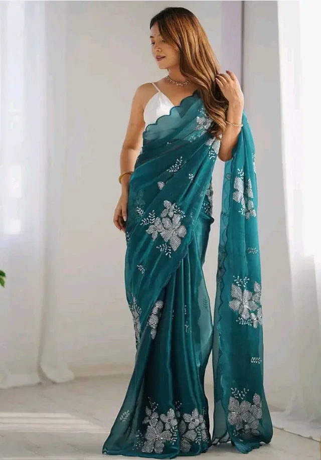 AKHILAM Women's Shimmer Organza Sequence Embroidery Saree With Unstitched Blouse Piece Traditional Ethnic Wear Sari