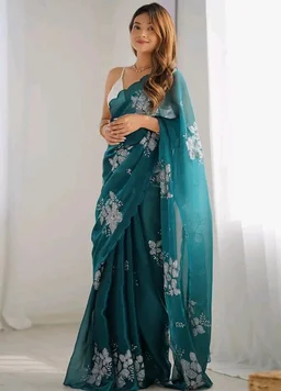 AKHILAM Women's Shimmer Organza Sequence Embroidery Saree With Unstitched Blouse Piece Traditional Ethnic Wear Sari