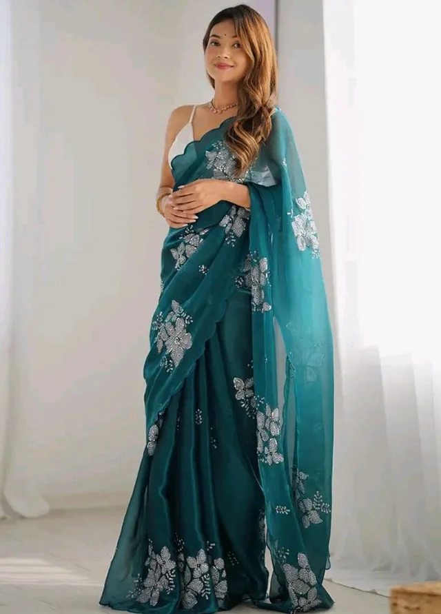 AKHILAM Women's Shimmer Organza Sequence Embroidery Saree With Unstitched Blouse Piece Traditional Ethnic Wear Sari