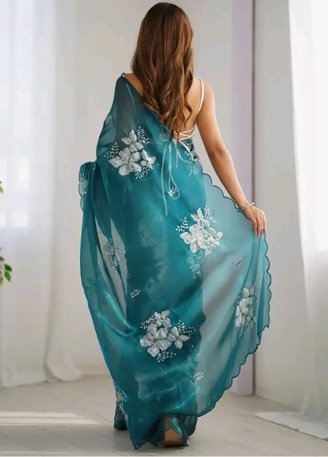 AKHILAM Women's Shimmer Organza Sequence Embroidery Saree With Unstitched Blouse Piece Traditional Ethnic Wear Sari