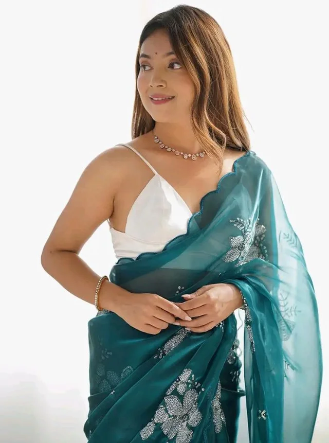 AKHILAM Women's Shimmer Organza Sequence Embroidery Saree With Unstitched Blouse Piece Traditional Ethnic Wear Sari