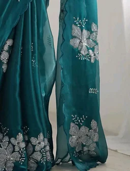 AKHILAM Women's Shimmer Organza Sequence Embroidery Saree With Unstitched Blouse Piece Traditional Ethnic Wear Sari