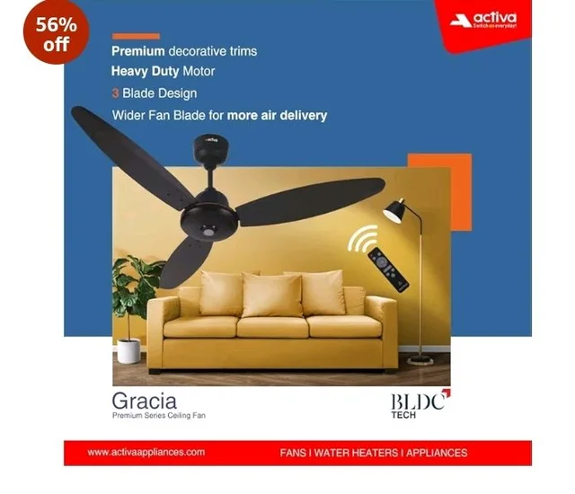 ACTIVA Gracia BLDC Ceiling Fan 1200mm | LED Light Ceiling Fan with Remote Control | 5 Star Rated Energy Efficient Fan | 28W High Speed Motor | Silent 3 Blade Design | Smoke Brown | 5 Year Warranty