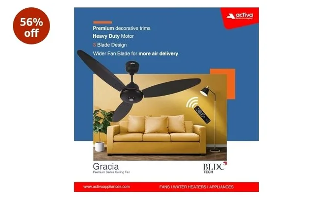 ACTIVA Gracia 1200mm Ceiling Fan, 3 Wider Blade, BLDC 28 Watt Motor Fan with LED Light, Energy Saving, Full Remote Control, Reversible Mode and Timer, 5 Years Warranty - Smoke Brown