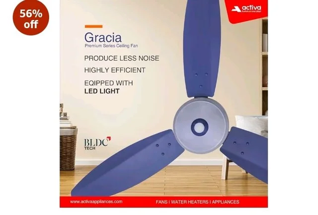ACTIVA Gracia 1200mm Ceiling Fan with LED Light | 5 Star Energy Saving BLDC Motor | Remote Control, Reversible Mode & Timer | 3 Blade High Speed Ceiling Fan | 4 Year Warranty | Sparkle Blue