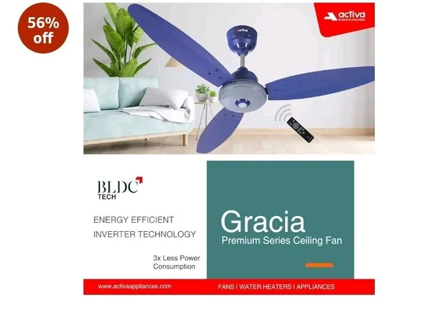 ACTIVA Gracia 1200mm Ceiling Fan with LED Light | 5 Star Energy Saving BLDC Motor | Remote Control, Reversible Mode & Timer | 3 Blade High Speed Ceiling Fan | 4 Year Warranty | Sparkle Blue