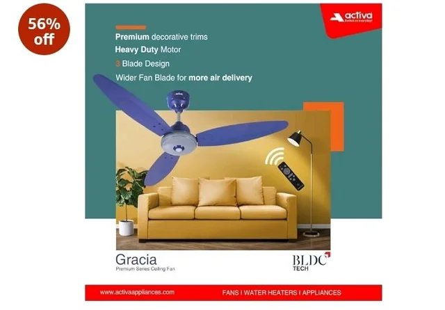ACTIVA Gracia 1200mm Ceiling Fan with LED Light | 5 Star Energy Saving BLDC Motor | Remote Control, Reversible Mode & Timer | 3 Blade High Speed Ceiling Fan | 4 Year Warranty | Sparkle Blue