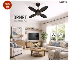 ACTIVA Ornet 600mm Ceiling Fan for Kitchen & Small Rooms | 4 Blade High Speed Fan | 850 RPM Powerful Air Delivery | Anti-Dust Coating | Energy Efficient Ceiling Fan | 2 Years Warranty | Smoke Brown