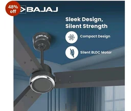 Bajaj Classico Sleek Plus 5S 1200MM (48”) BLDC Ceiling Fan with Remote | BEE 5 Star Rated Energy Efficient | Power Saving | Sleek Compact Design | High Air Delivery |2-Year Warranty |Grey