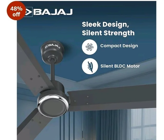 Bajaj Classico Sleek Plus 5S 1200MM (48”) BLDC Ceiling Fan with Remote | BEE 5 Star Rated Energy Efficient | Power Saving | Sleek Compact Design | High Air Delivery |2-Year Warranty |Grey