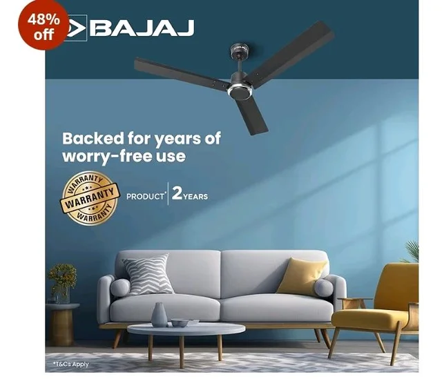 Bajaj Classico Sleek Plus 5S 1200MM (48”) BLDC Ceiling Fan with Remote | BEE 5 Star Rated Energy Efficient | Power Saving | Sleek Compact Design | High Air Delivery |2-Year Warranty |Grey