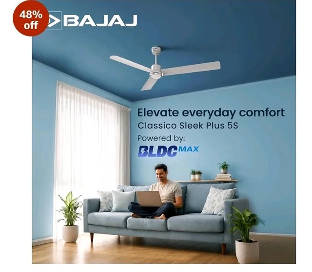 Bajaj Classico Sleek Plus 5S 1200MM (48”) BLDC Ceiling Fan with Remote | BEE 5 Star Rated Energy Efficient | Power Saving | Sleek Compact Design | High Air Delivery |2-Year Warranty |Base White