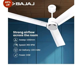 Bajaj Classico Sleek Plus 5S 1200MM (48”) BLDC Ceiling Fan with Remote | BEE 5 Star Rated Energy Efficient | Power Saving | Sleek Compact Design | High Air Delivery |2-Year Warranty |Base White