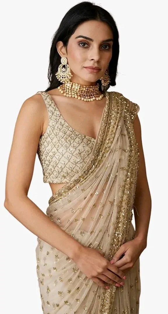 Brand: JOY FESTIVAL
Butterfly Net Saree with Sequins & Dori Embroidery, Beige, 5.5 Meter, with Unstitched Blouse