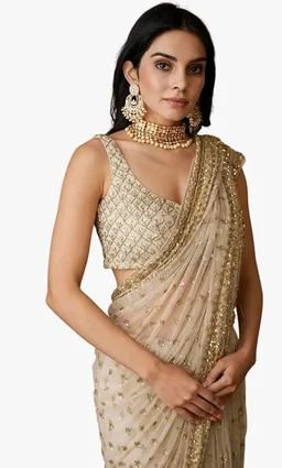 Brand: JOY FESTIVAL
Butterfly Net Saree with Sequins & Dori Embroidery, Beige, 5.5 Meter, with Unstitched Blouse