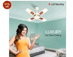 LONGWAY Creta P1 600 mm/24 inch Ultra High Speed 4 Blade Anti-Dust Decorative Star Rated Ceiling Fan (Ivory, Pack of 1)