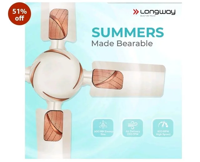 LONGWAY Creta P1 600 mm/24 inch Ultra High Speed 4 Blade Anti-Dust Decorative Star Rated Ceiling Fan (Ivory, Pack of 1)