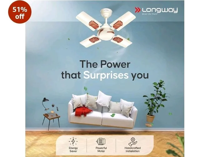 LONGWAY Creta P1 600 mm/24 inch Ultra High Speed 4 Blade Anti-Dust Decorative Star Rated Ceiling Fan (Ivory, Pack of 1)