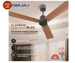 Bajaj Classico Sleek Wood 1200MM (48”) BLDC Ceiling Fan with Remote | BEE 5 Star Rated Energy Efficient | Power Saving | Sleek Compact Design | High Air Delivery |2-Year Warranty |Maple Wood
