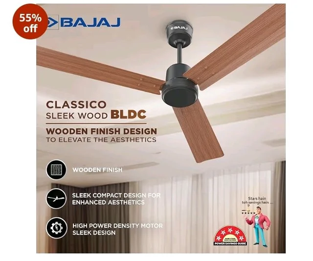 Bajaj Classico Sleek Wood 1200MM (48”) BLDC Ceiling Fan with Remote | BEE 5 Star Rated Energy Efficient | Power Saving | Sleek Compact Design | High Air Delivery |2-Year Warranty |Maple Wood