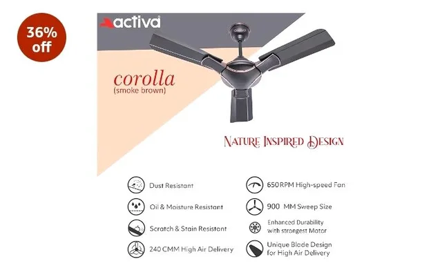 ACTIVA Corolla 900mm Ceiling Fan | 575 RPM High Speed | Anti Dust | High Air Delivery | BEE & BIS Approved | Smoke Brown | Pack of 1