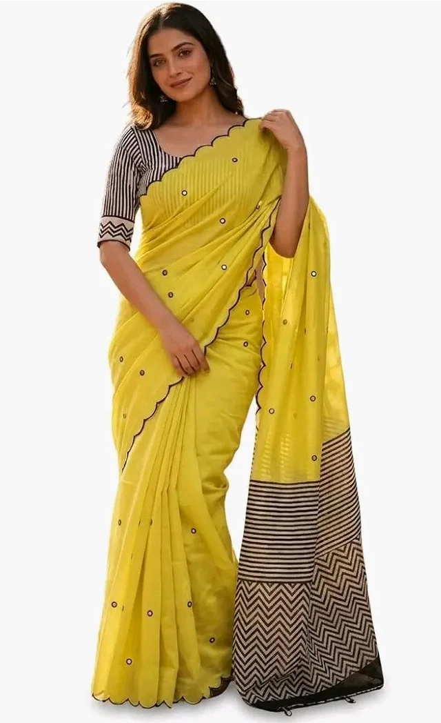 Linen Cotton Saree with Black Mirror Work
New