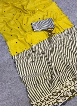 Linen Cotton Saree with Black Mirror Work
New