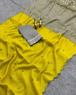Linen Cotton Saree with Black Mirror Work
New