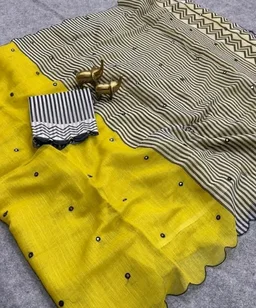 Linen Cotton Saree with Black Mirror Work
New