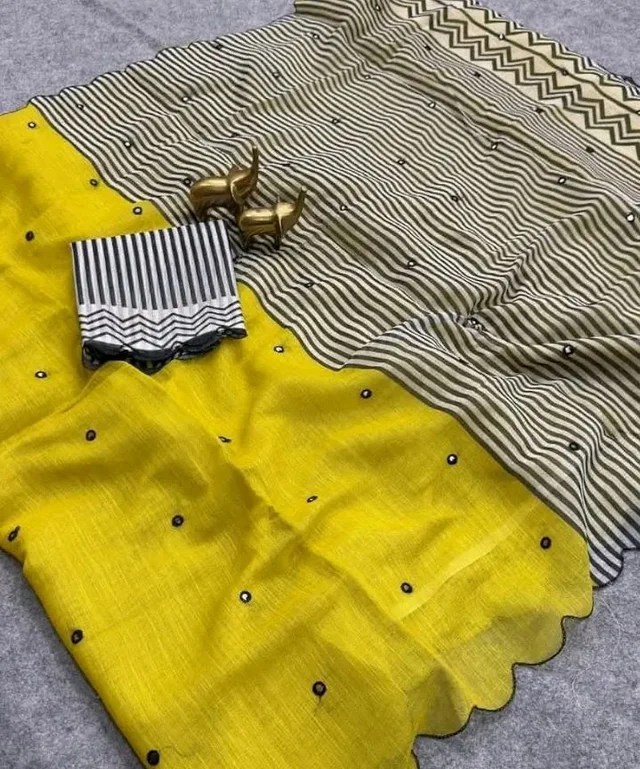 Linen Cotton Saree with Black Mirror Work
New