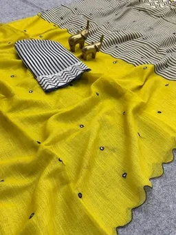 Linen Cotton Saree with Black Mirror Work
New