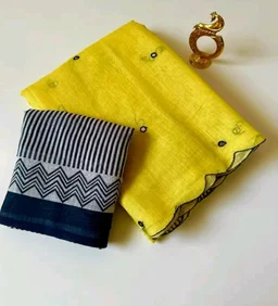 Linen Cotton Saree with Black Mirror Work
New