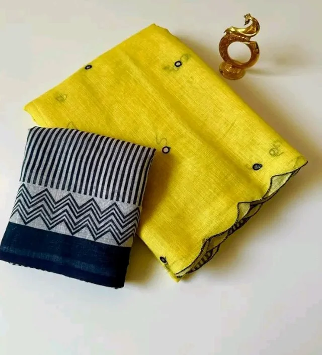 Linen Cotton Saree with Black Mirror Work
New