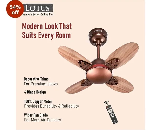 ACTIVA Lotus 600mm BLDC Ceiling Fan with Remote | 28W Energy Saving | 5 Star Rated | 850 RPM High Speed | 4 Blade | Reversible Mode & Timer | Silent | Rose Wood | 5 Year Warranty