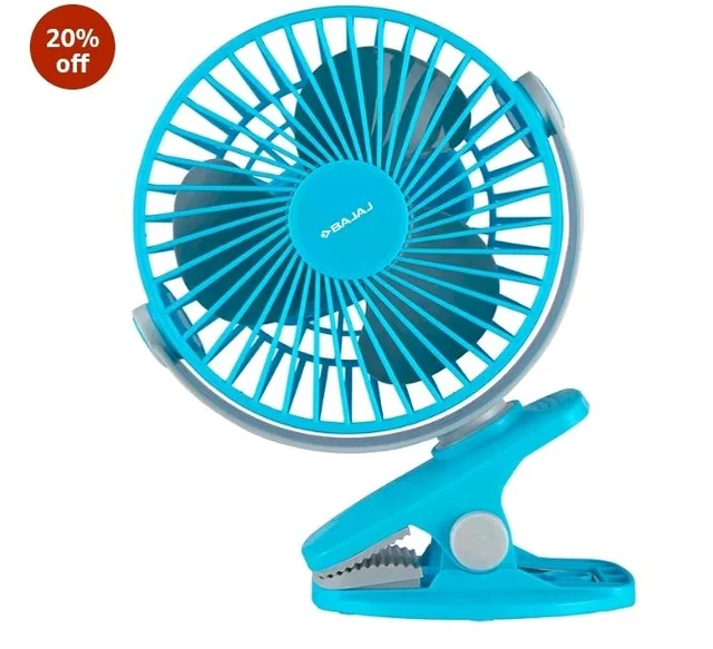 Bajaj Pygmy Mini Fan 110MM | USB Charging | Multi-Clip Function | Rechargeable | 4-Hr Back-up | Silent Operation | Longer Battery Life | Energy Efficient | Portable 【Blue】