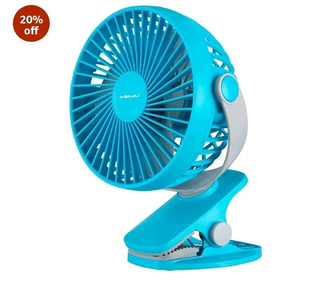 Bajaj Pygmy Mini Fan 110MM | USB Charging | Multi-Clip Function | Rechargeable | 4-Hr Back-up | Silent Operation | Longer Battery Life | Energy Efficient | Portable 【Blue】